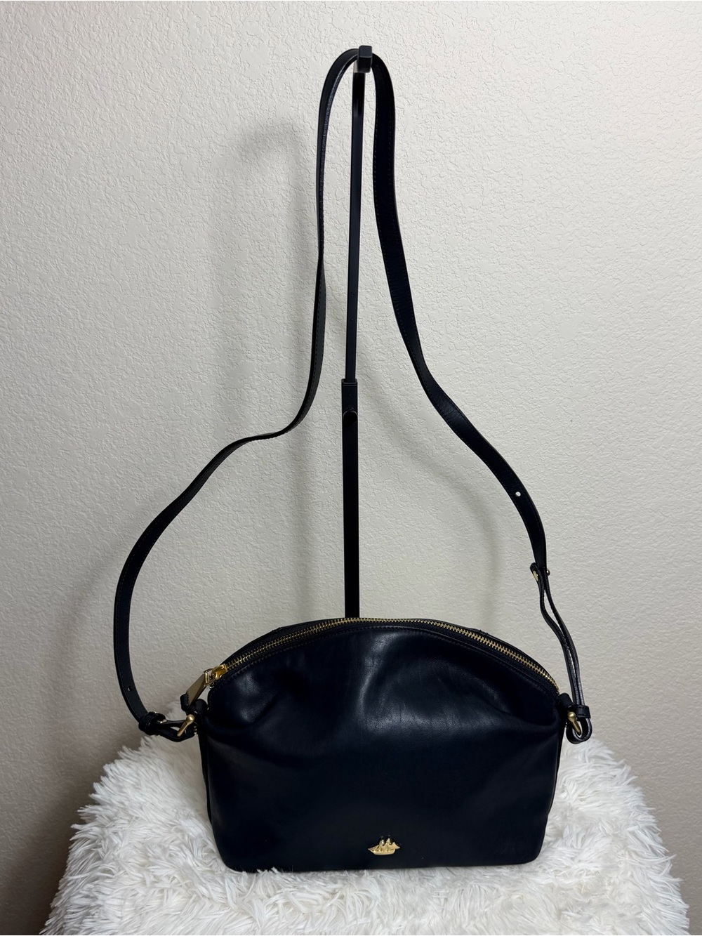 Brahmin Supple Black Leather Crossbody Bag with Gold Schooner Accent